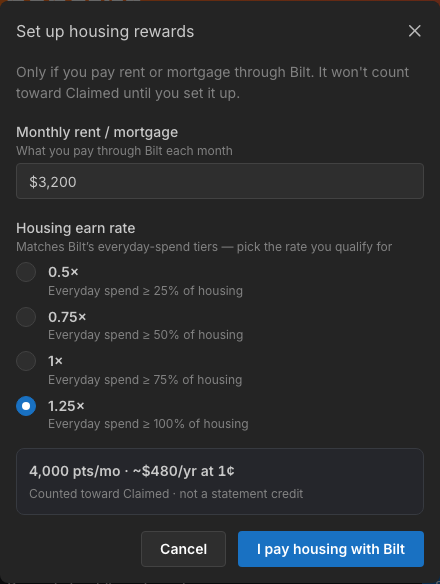 Set up housing rewards modal
