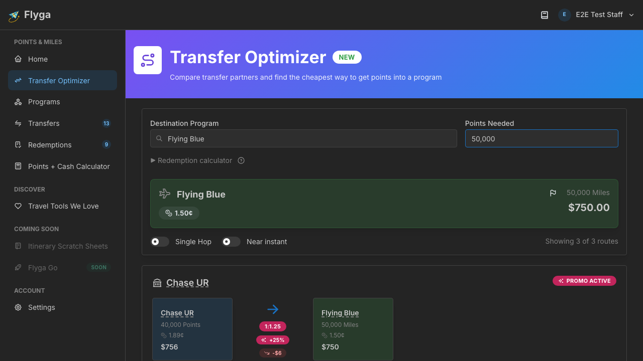 Optimizer showing transfer options to Flying Blue