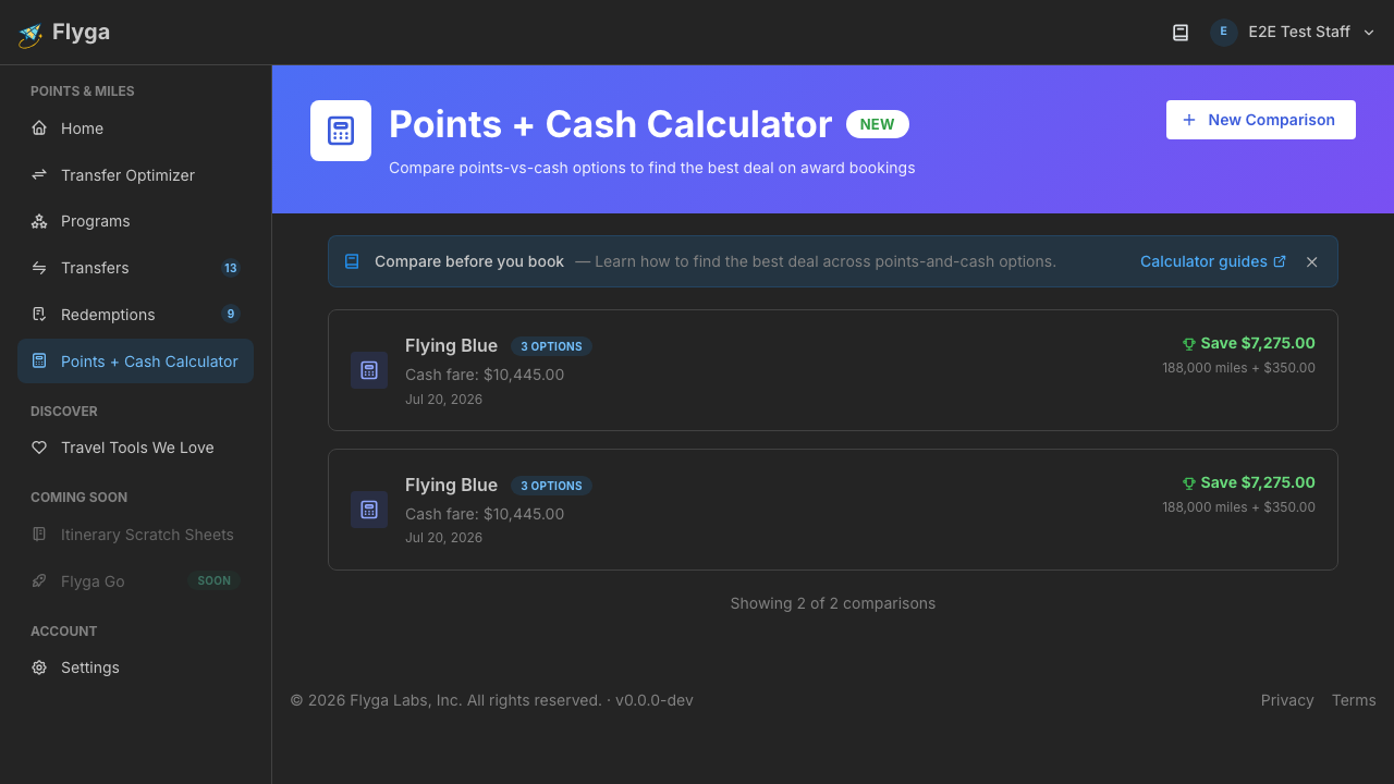 List page showing saved comparisons
