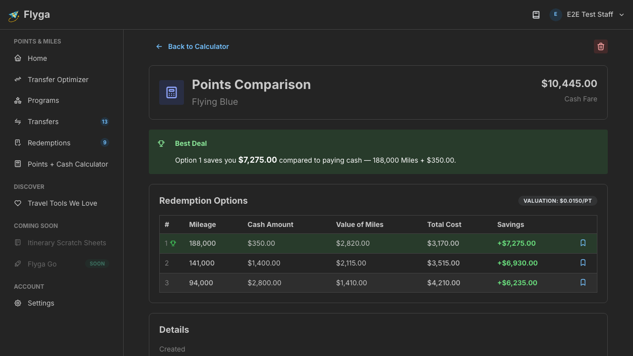Options table with calculations and winner highlighted