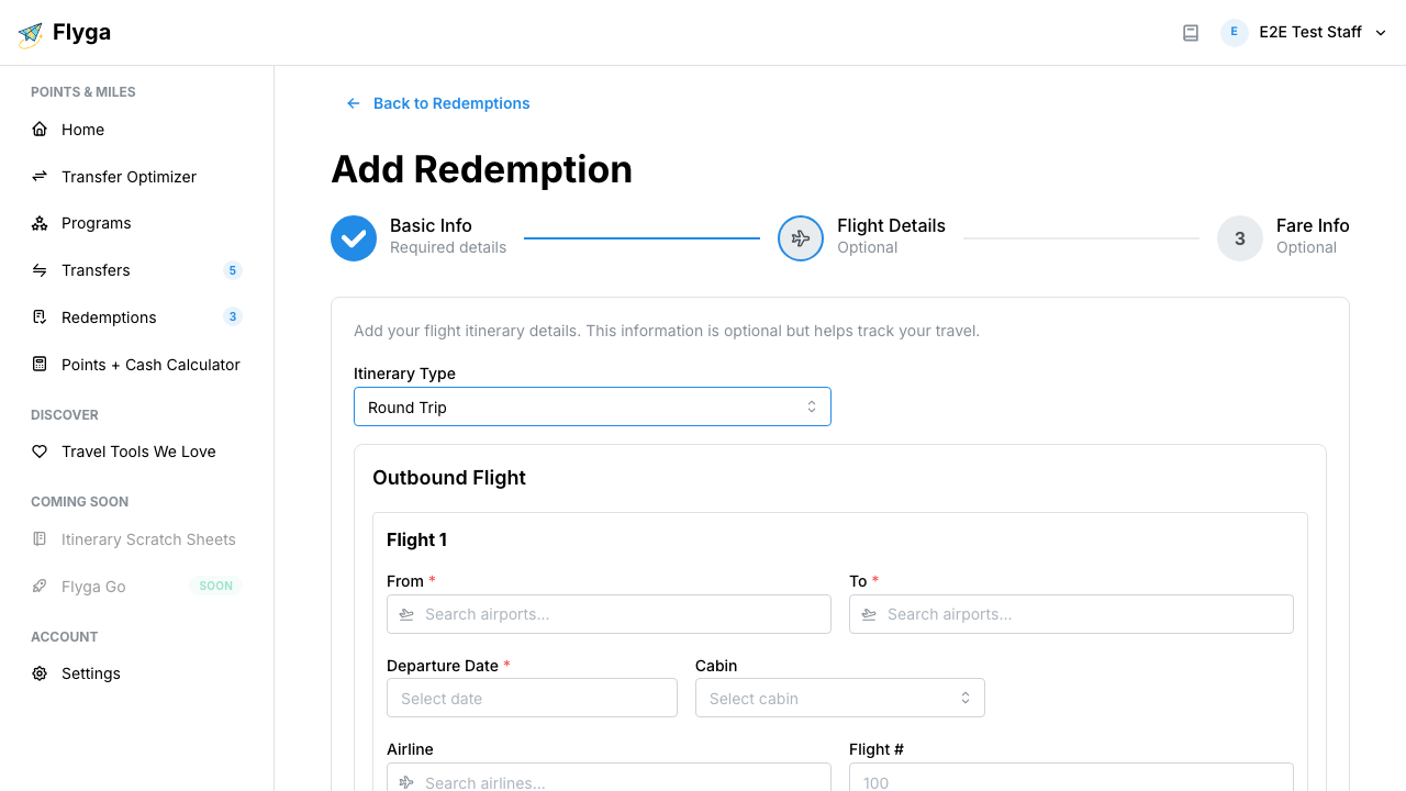 Flight details step with itinerary form