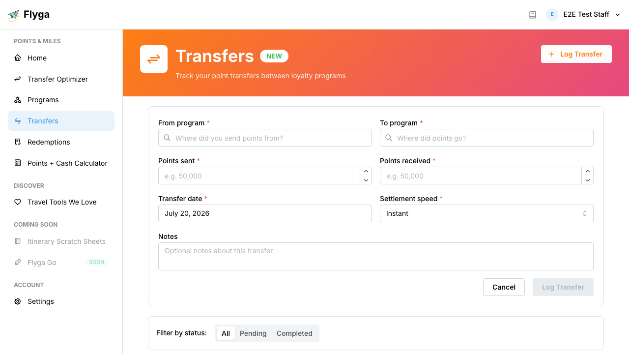 Log Transfer form open