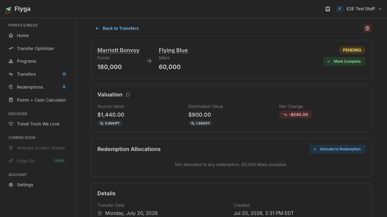Transfer detail page