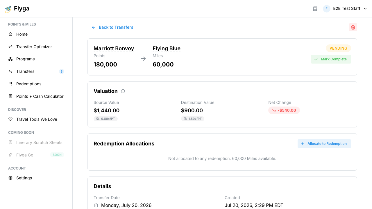 Transfer detail page