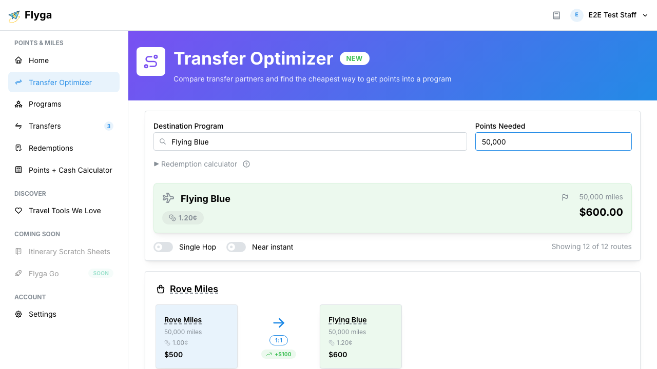 Optimizer results showing multiple transfer options