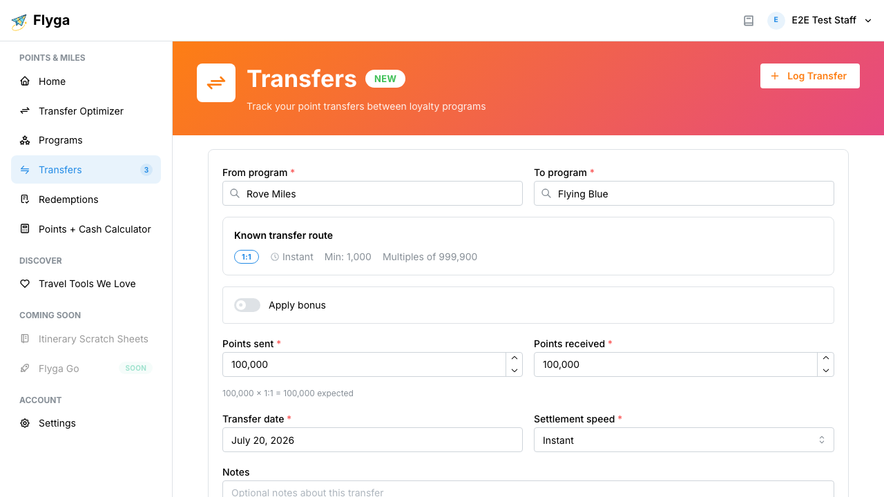 Pre-filled transfer form